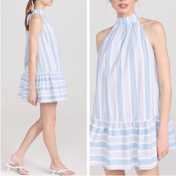 NWT STAUD Marlowe Mini Dress Adriatic Stripe Blue White Cotton Bow Small - Picture 3 of 11